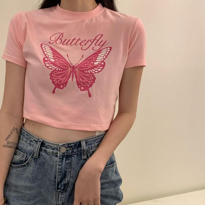 Áo thun ngắn tay cổ tròn in hình bướm xinh xắn cho nữ