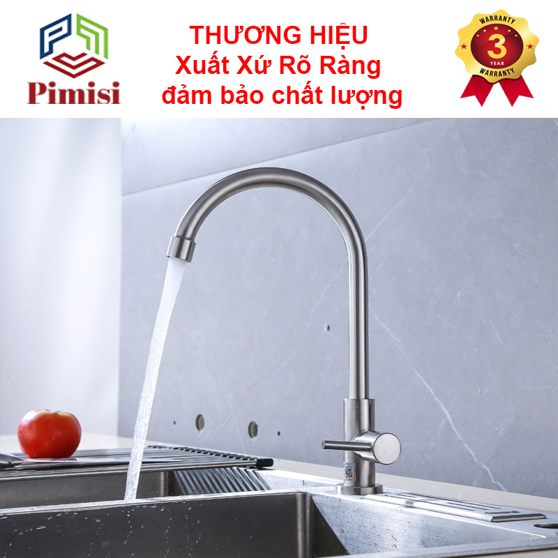 Vòi rửa bát inox 304 Pimisi gắn chậu rửa bát 1 đường nước lạnh đơn cho mọi loại chậu rửa chén phổ biến trong nhà bếp | Hàng chính hãng