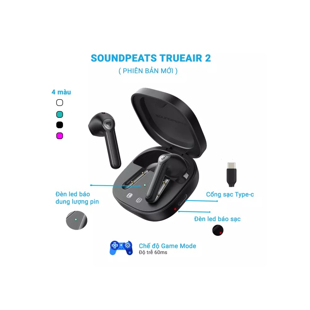 Tai nghe True Wireless SoundPEATS TrueAir2+(AIR 2 PLUS) Mirroring Bluetooth 5.2 - Hàng Nhập Khẩu