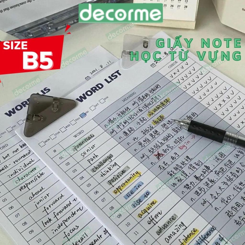 Giấy note B5 học từ vựng DecorMe giấy note ghi chú planner basic blue 30 tờ phong cách Hàn Quốc tiện dụng NWORD