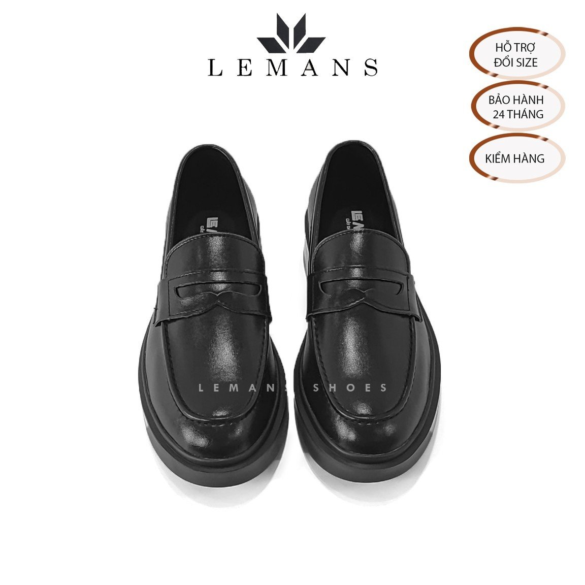 Giày da bò Penny Loafer Black LEMANS PL01D, da bò nguyên tấm, tăng chiều cao 4cm, bảo hành 24 tháng