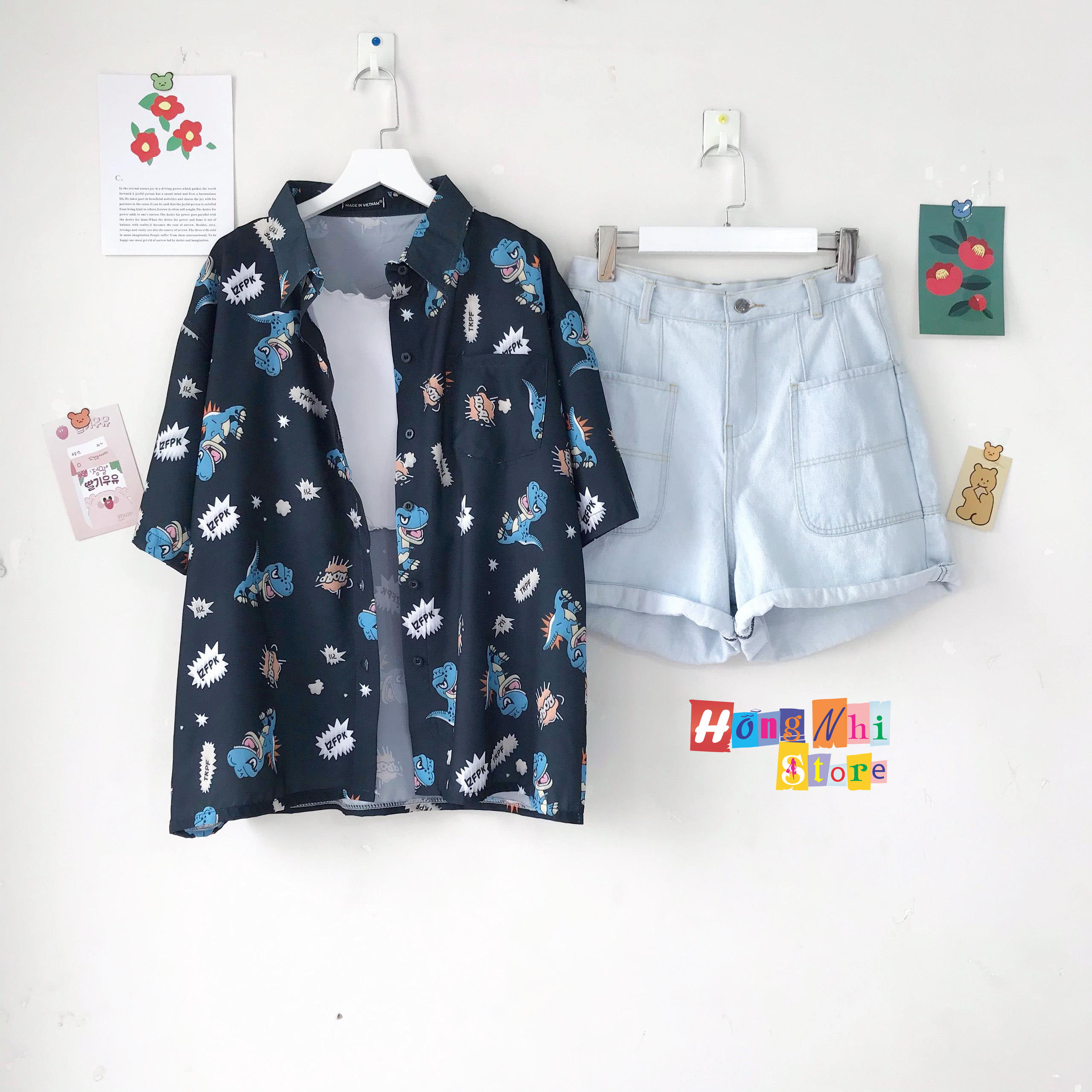Áo Sơ Mi Hoạ Tiết Tay Lỡ Dáng Rộng, Đi Biển, Khủng Long Tay Lửng Unisex - MM