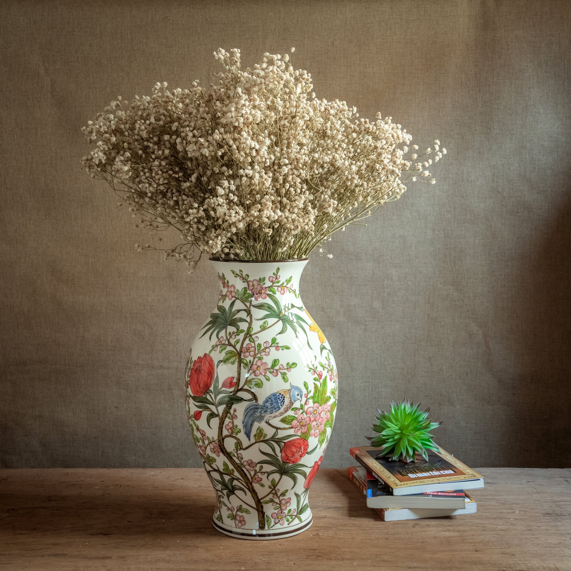 Lọ hoa cao 35 cm gốm sứ Bát Tràng cao cấp vẽ tay xuất dư họa tiết chim hoa phú quý