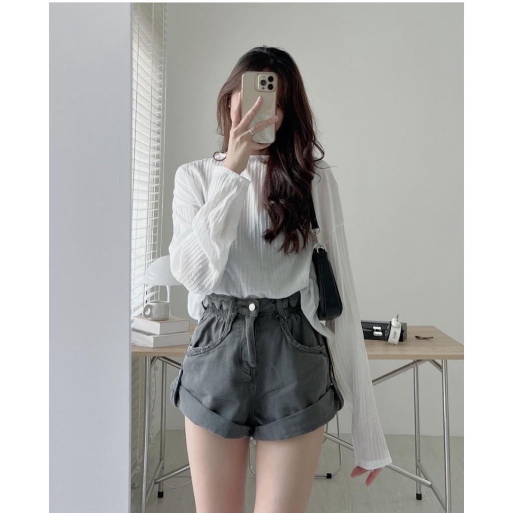 Áo Thun Gân Nữ Cổ Tròn Dáng Suông Dài Tay