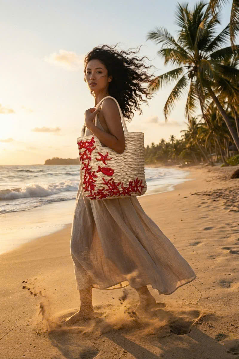 Giỏ Cói Tote Mềm Trang Trí Móc Len thời trang thiết kế Hity Acc018