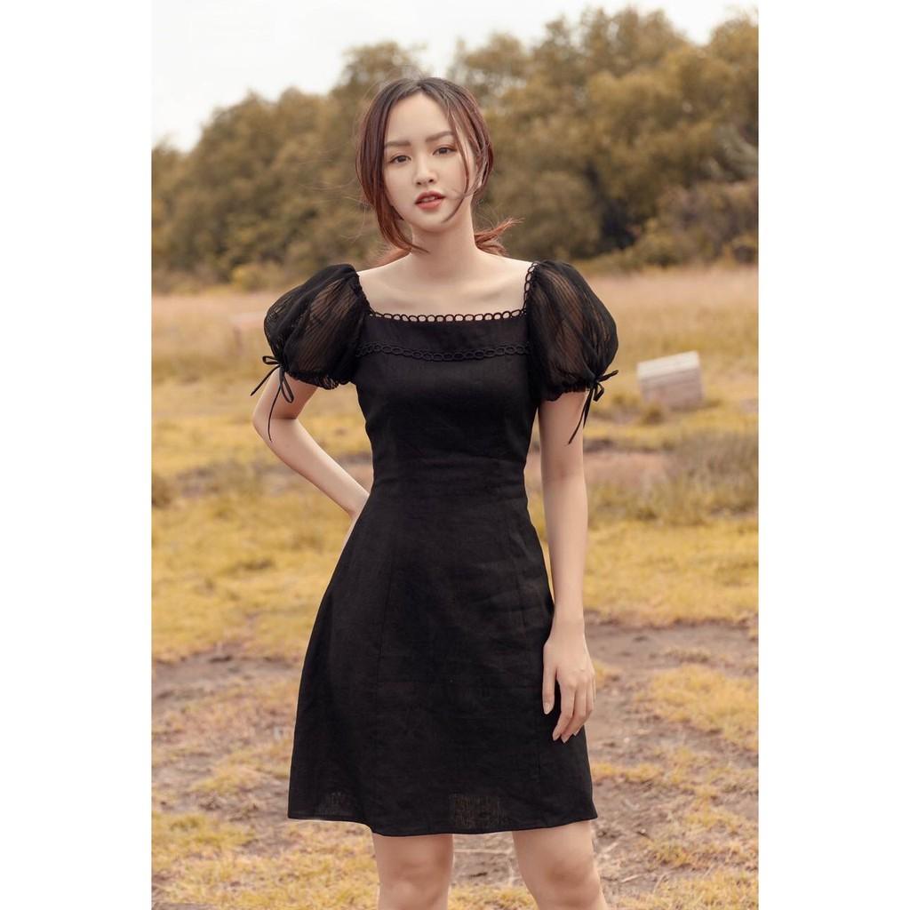 Đầm thiết kế đen cổ vuông tay phồng cao cấp