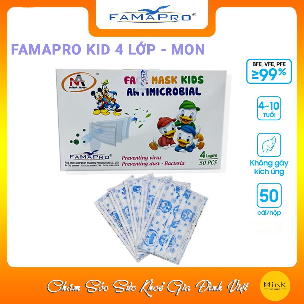 [HỘP-FAMAPRO] Khẩu Trang Kháng Khuẩn Trẻ Em 4 Lớp Famapro/50 cái