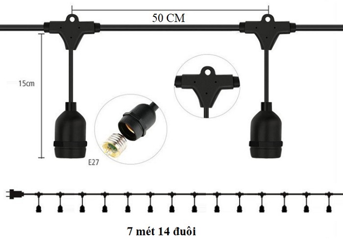 Dây đui đèn kín nước trang trí ngoài trời 3 mét 6 đui E27