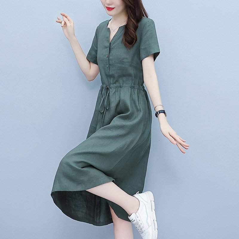 Đầm Linen dáng suông cỏ V có túi 2 bên sườn kèm dây rút eo trẻ trung, tôn dáng da218