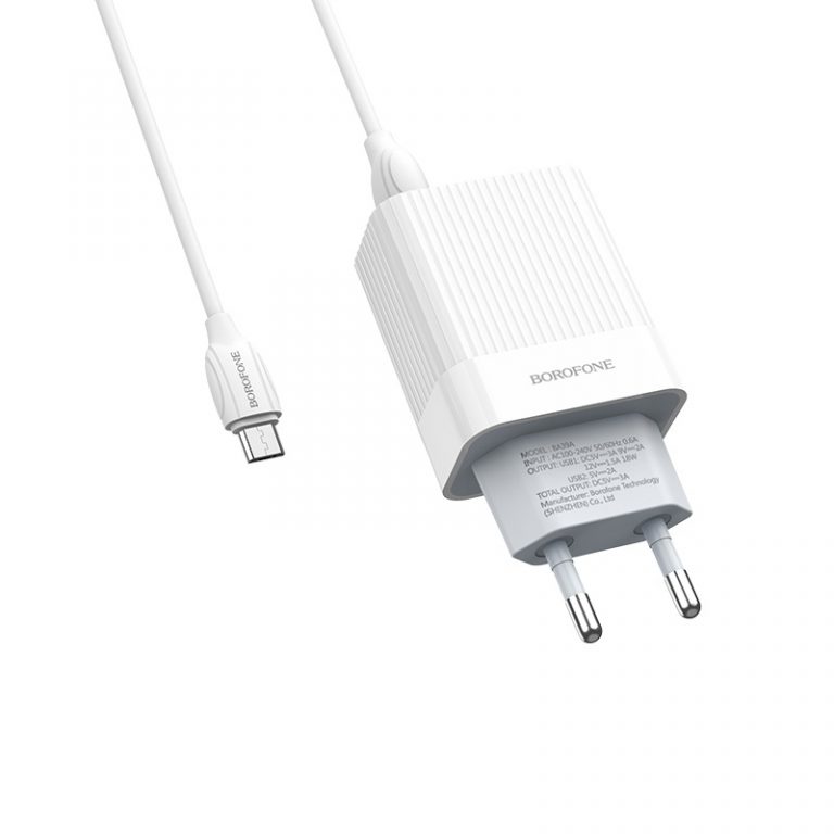 Bộ Cóc Cáp Sạc Nhanh QC3.0 BA39A Borofone - 2 cổng sạc - cổng Micro-USB chuẩn EU - Hàng Chính Hãng