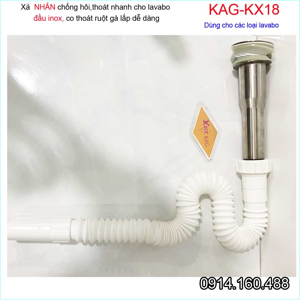 Xả lavabo nhấn KAG-KX18, bộ xả inox 304 ống thải ruột gà cho chậu rửa mặt sứ hiệu suất sử dụng tốt chặn tóc thoát nước nhanh