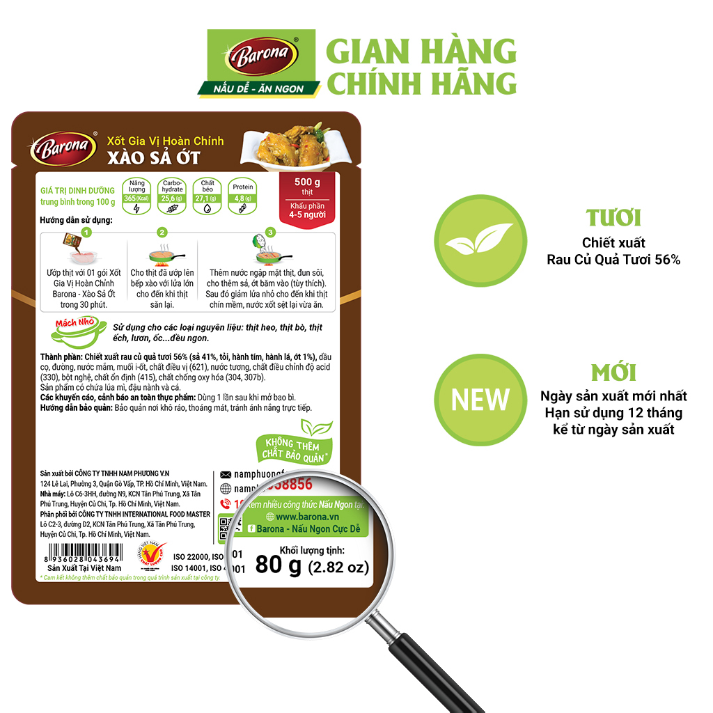 Combo Xốt gia vị hoàn chỉnh Barona: 1 gói Kho gừng (80gr) + 1 gói Xào Sả Ớt (80gr) + 1 gói Rô ti (80gr)