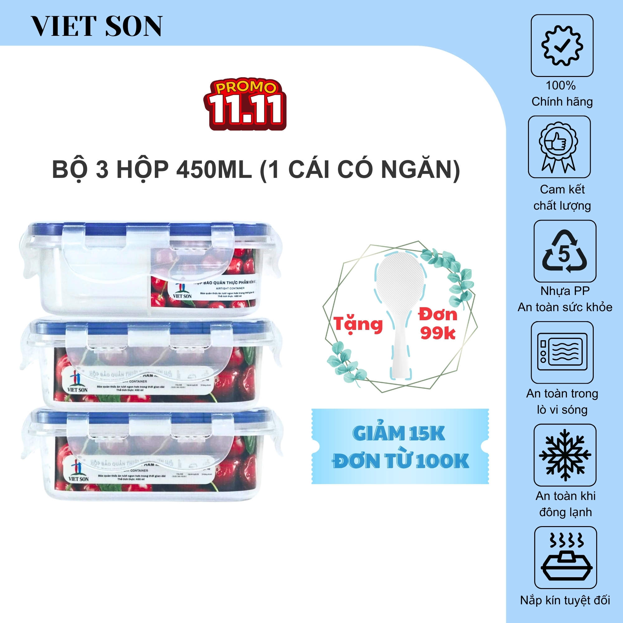 [TẶNG KHAY RÁO NƯỚC] Bộ 3 Hộp Đựng Thực Phẩm Có Vách Ngăn VIETSON 450ml Nắp Khóa 4 Cạnh Kín Hơi