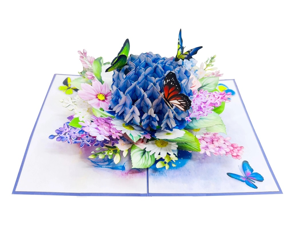 Thiệp 3D Pop Up Hoa Cẩm Tú Cầu &amp; Bướm – Thiệp Hoa Nghệ Thuật, Chúc Mừng, Sinh Nhật, F47, Lãng Mạn