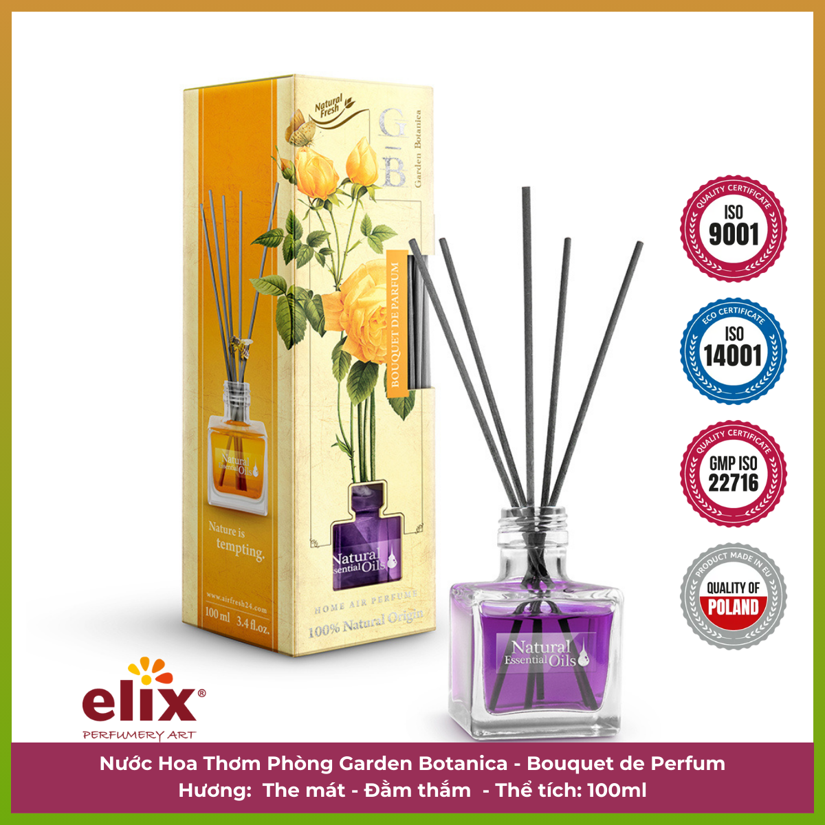 Nước hoa thơm phòng Elix - Garden Botanica - Hương Bouquet de Perfum (The Mát) - 100ml Nhập khẩu từ balan, hương thơm tự nhiên, lưu hương lâu