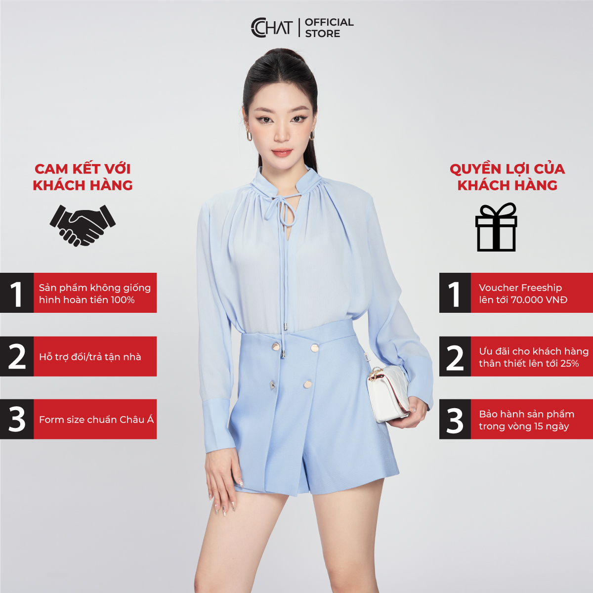 Áo Kiểu Nữ CCHAT Cổ Trụ V Dáng Suông Babydoll Chất Voan Cao Cấp Mềm Nhẹ 53ADV8002ST