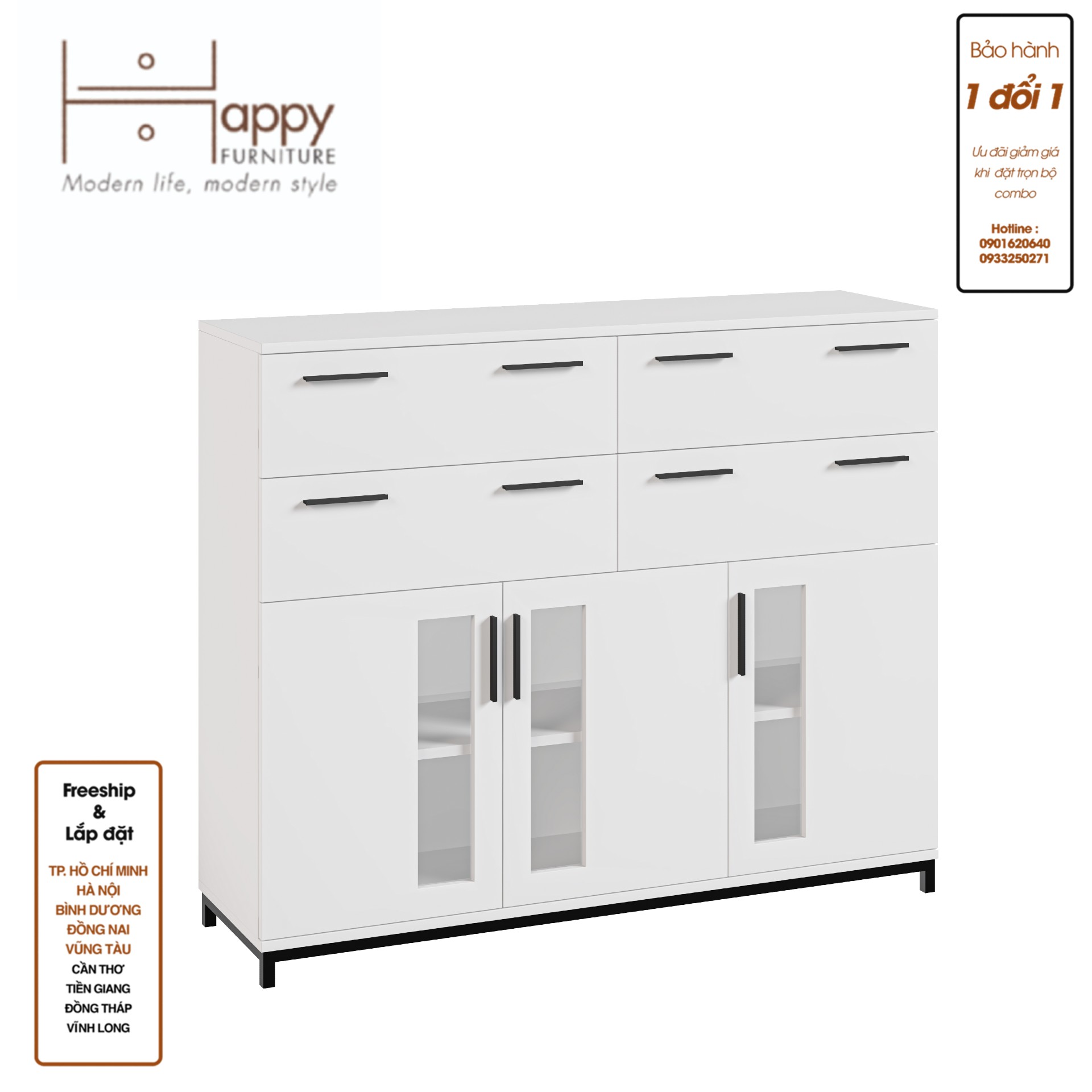 [Happy Home Furniture] LOUIS , Tủ lưu trữ 4 ngăn kéo 3 cửa mở - chân sắt , 126cm x 36cm x 104cm ( DxRxC), THK_060