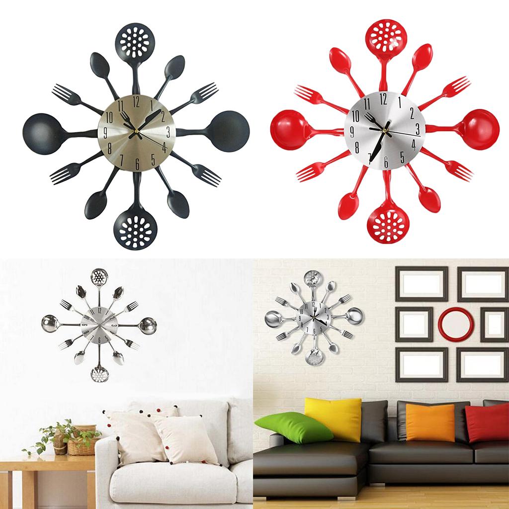 Kitchen Wall Clock 3D Kitchen Spoon Fork Wall Clock Wall Wall Room Black