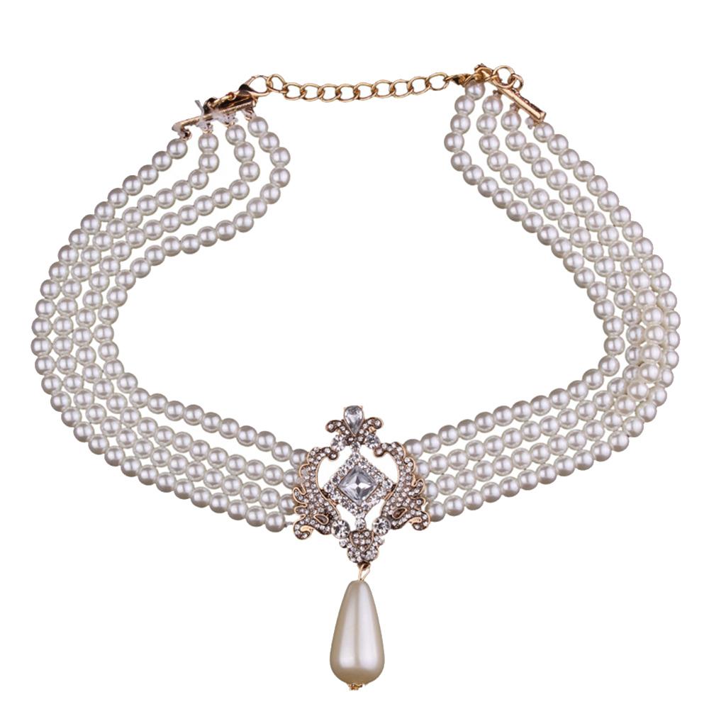 Fashion 4 Strands Pearl Chain Strand Choker Collar Statement Bib Necklace