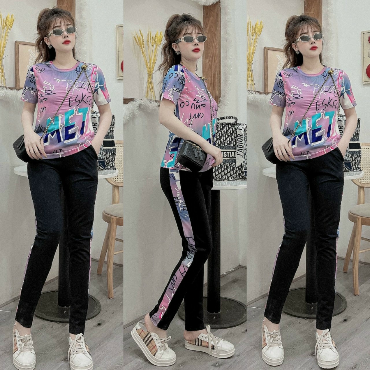 Đồ bộ thể thao thun cotton nữ họa tiết in 3D