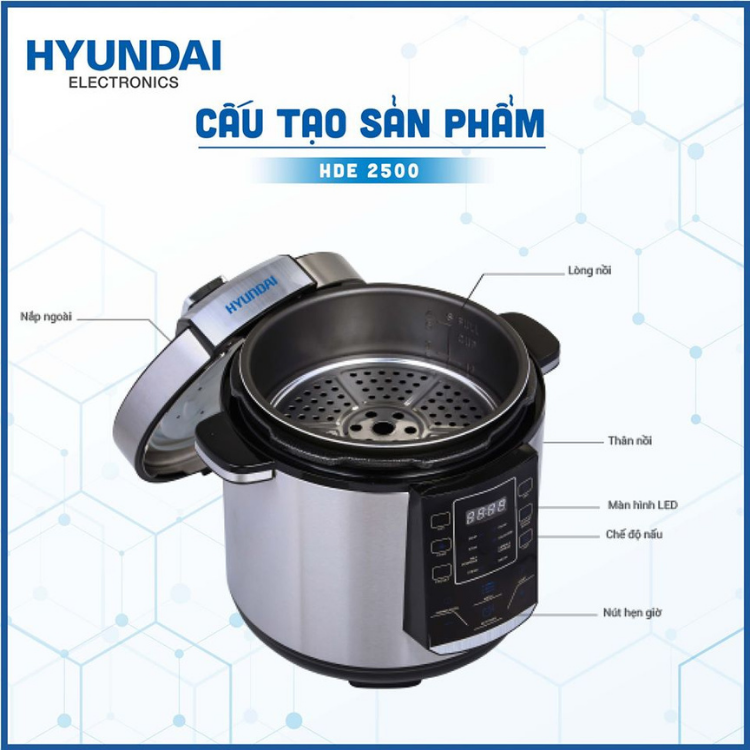 Nồi Hầm Điện Tử Đa Năng Hyundai HDE 2500S Dung Tích 6L, Nồi Áp Suất, Nồi Hầm, Nồi Hấp - Hàng chính hãng