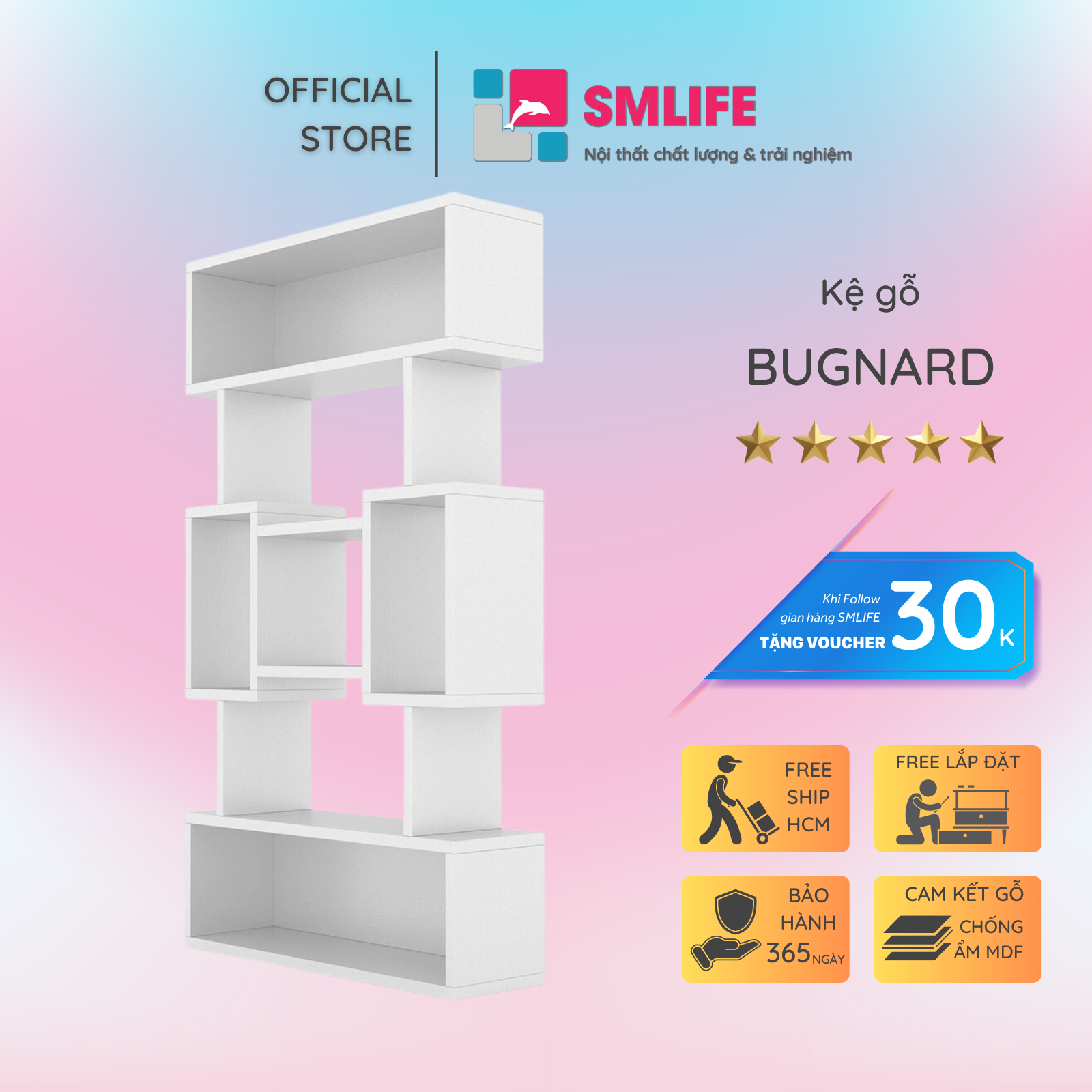 Giá sách trang trí kiểu dáng nhỏ gọn thiết kế thông minh SMLIFE Bugnard