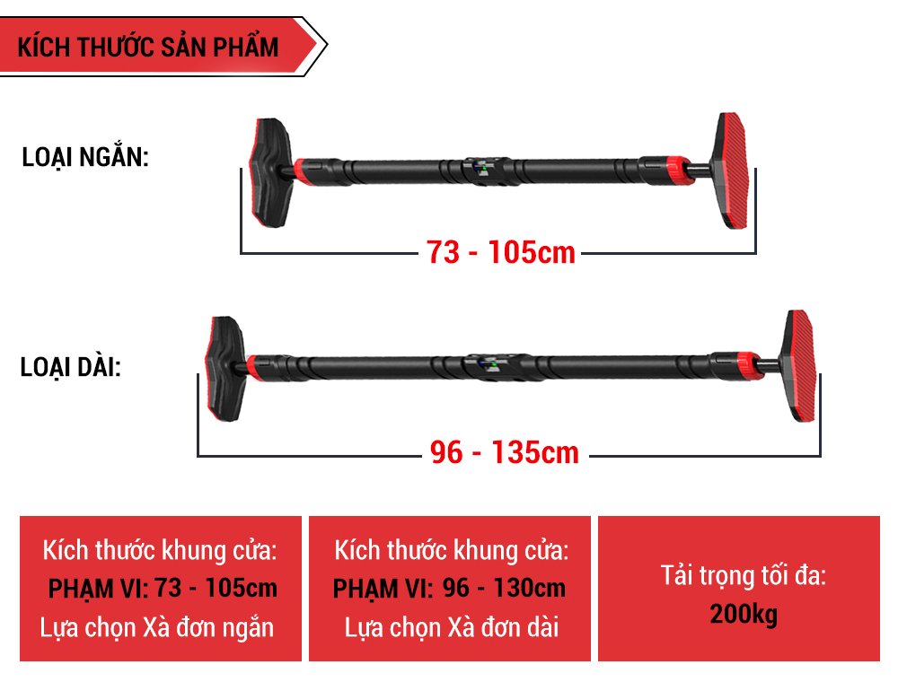 Thanh xà đơn gắn cửa, xà đơn treo tường Thước Thăng Bằng, chịu lực 200kg, chốt khóa an toàn chông trượt tập luyện tại nhà TP201PU