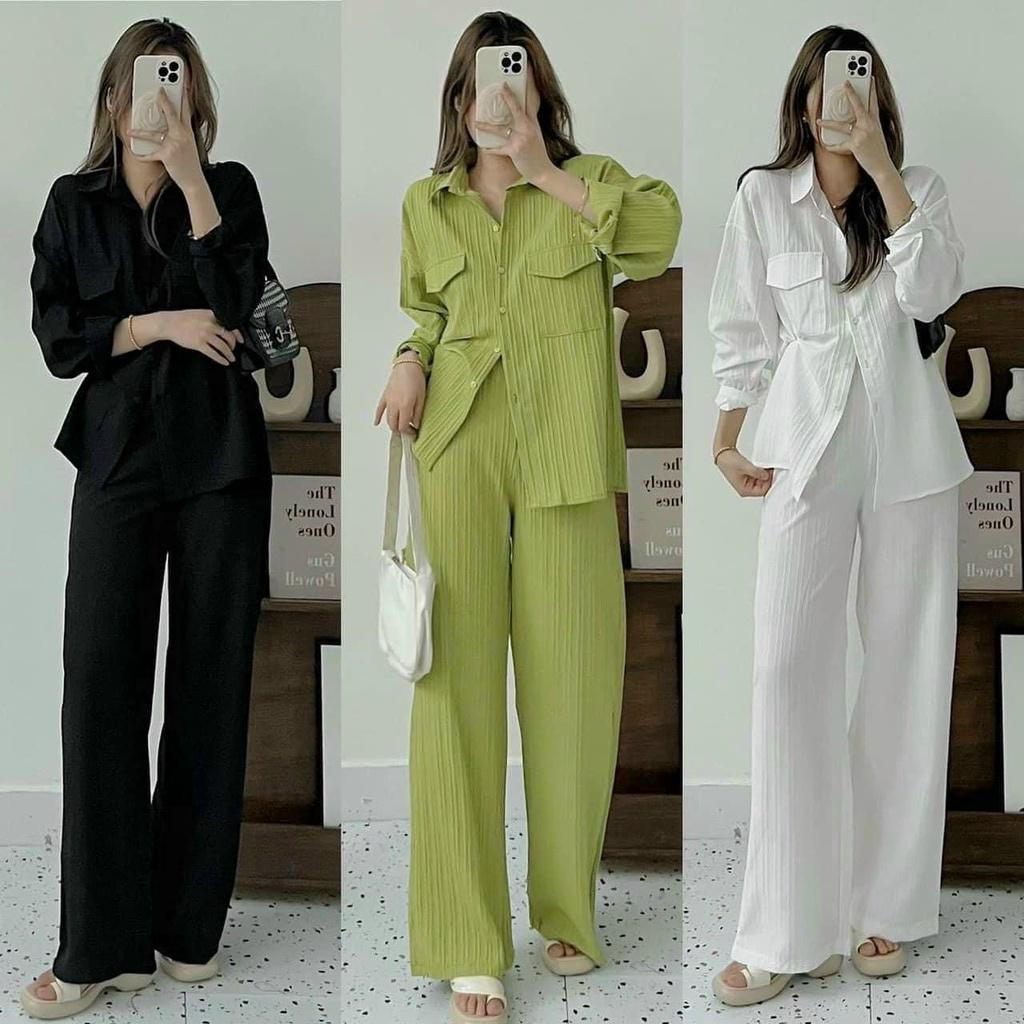 FREESHIP Sét bộ nữ sơ mi tay dài phối túi mix quần dài suông kiểu dáng sang trọng duyên dáng