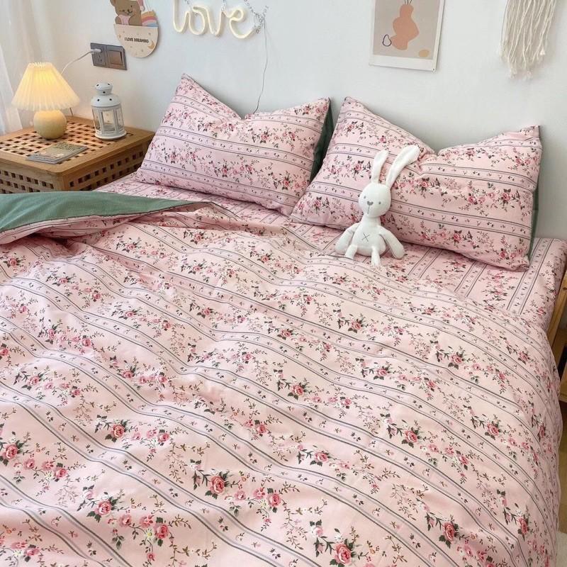 Bộ Chăn Ga Gối Cotton Living 100%cotton Hàng Nhập khẩu Cao Cấp 4 Món Hoa Hồng Vintage