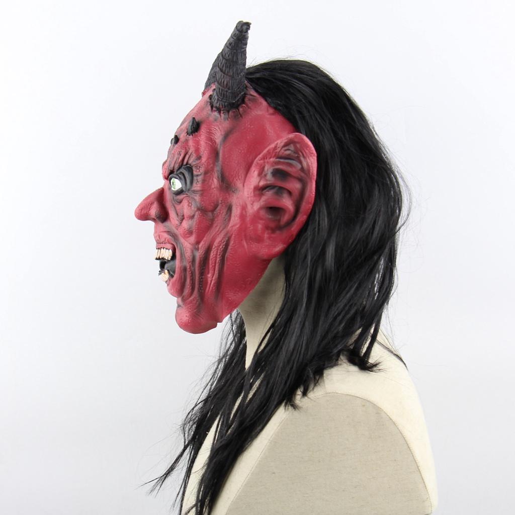 MẶT NẠ 2 sừng Mặt ĐỎ tóc đen dài phù hợp cho hóa trang Halloween trung thu lễ hội sự kiện quay video cosplay