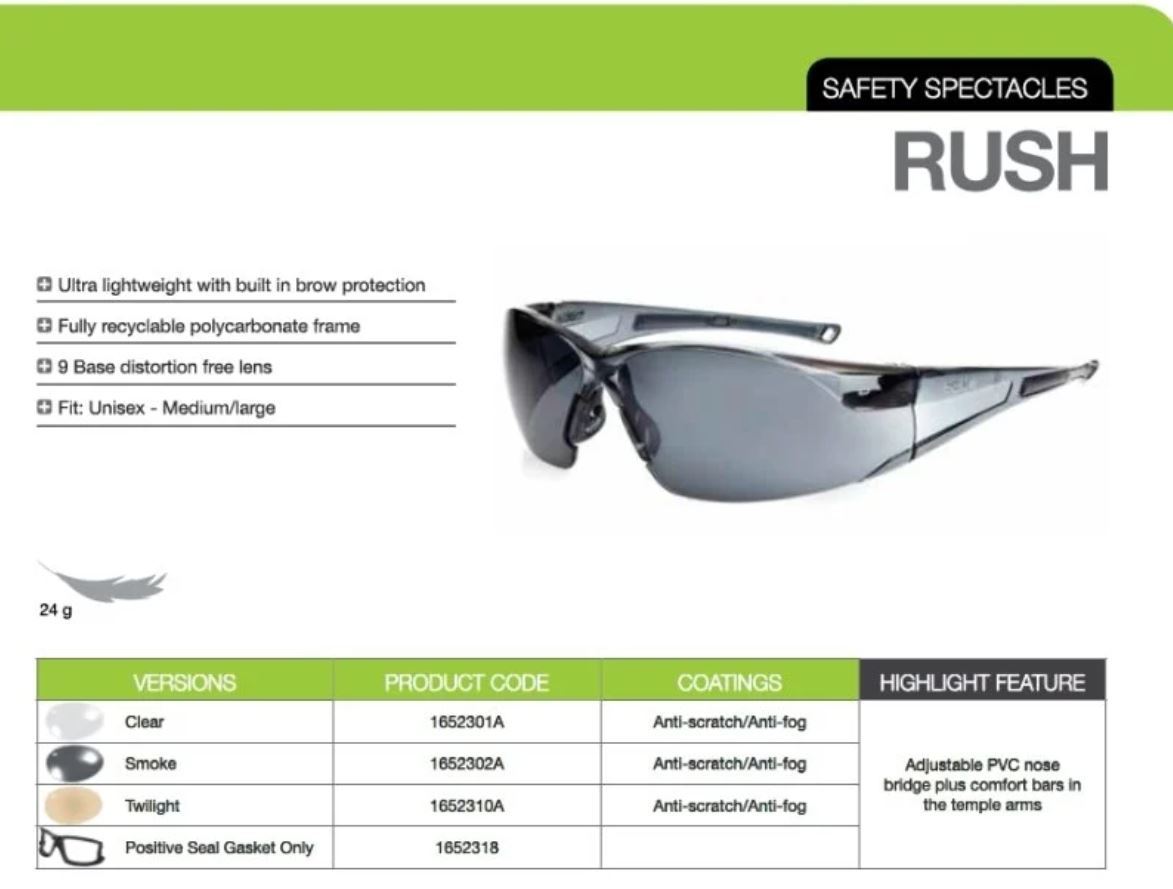 Kính bảo hộ BOLLE 1652302A Rush-Smoke Lens Sun Glasses tròng kính màu xám khói, chống trầy xước, chống đọng sương (kèm hộp chống sốc và khăn lau kính)