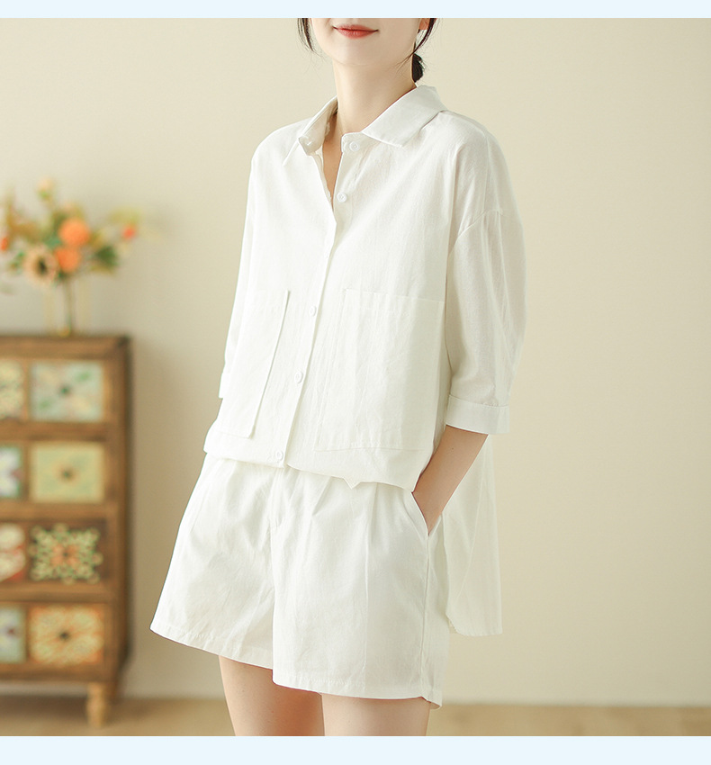 Bộ đồ cho nữ 2 chi tiết gồm áo sơ mi có túi và quần short dáng chữ A, set linen nữ hàn quốc