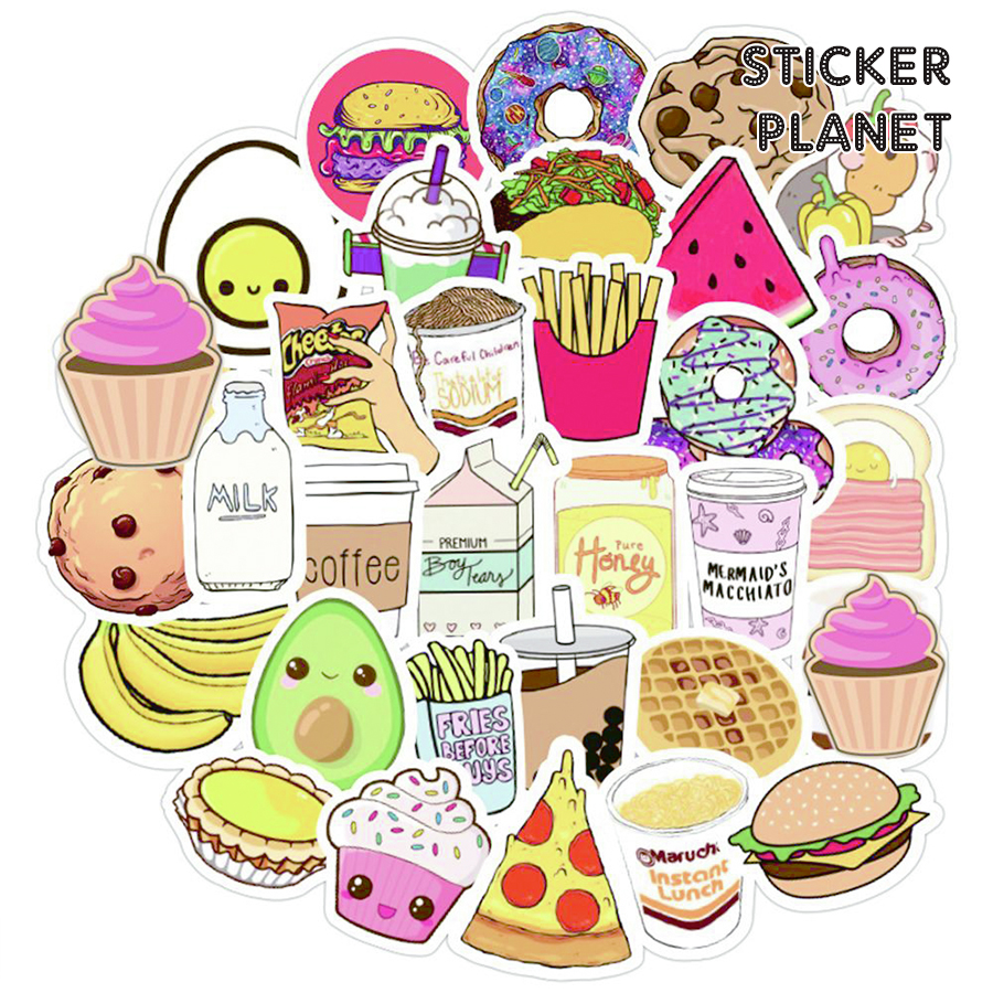 Bộ sticker chống thấm nước trang trí mũ bảo hiểm, đàn, guitar, ukulele, điện thoại laptop, dán sticker macbook sticker chủ đề fastfood