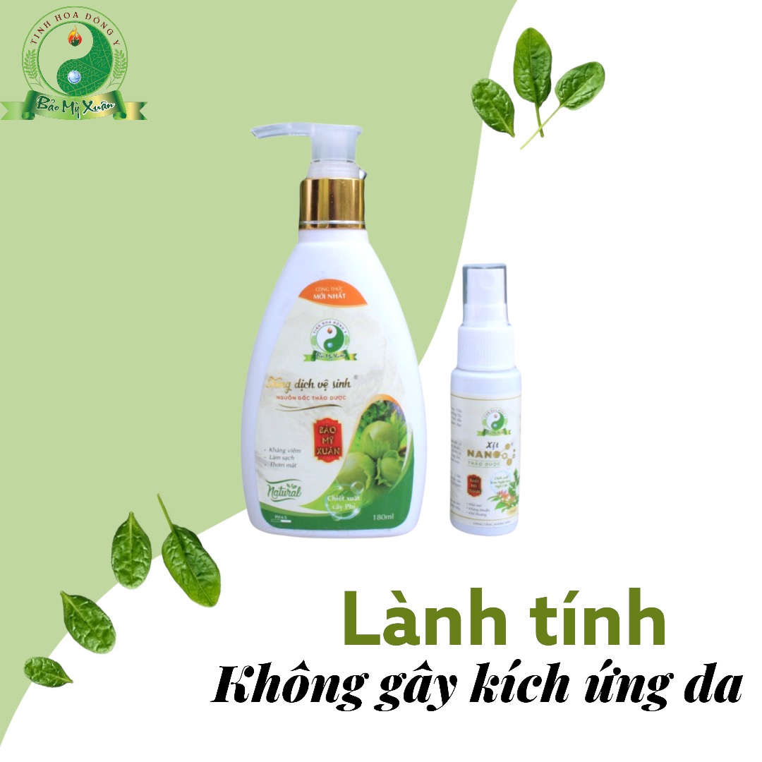 Combo 2 Chai Dung Dịch Vệ Sinh Bảo Mỹ Xuân Chiết Xuất 100% Thảo Mộc Thiên Nhiên Đặc Biệt Tinh Chất Trầu Không Giúp Sạch Mùi Hôi Kháng Viêm Nồng Độ PH Tương Thích Vùng Kín Giảm Viêm Nhiễm. Chai 150ml và Chai Xịt Nano 30ml