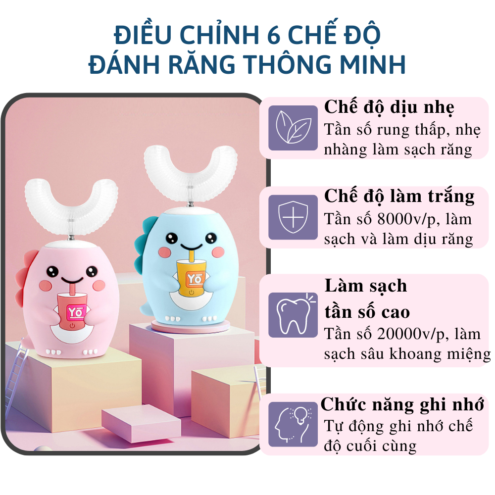 Bàn chải vệ sinh răng miệng tự động cho bé CTFAST K10, bàn chải điện chữ U làm sạch 3 chế độ, an toàn chống nước