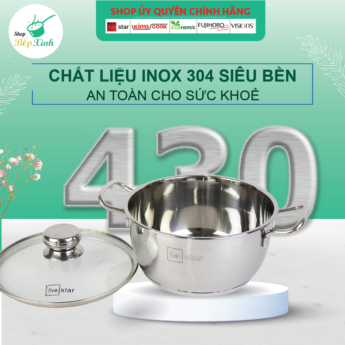 Bộ Nồi Inox 3 Đáy Từ Fivestar Standard FSB50002 5 chiếc nắp kính