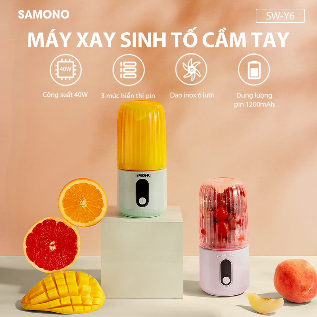 Máy Xay Sinh Tố Cầm Tay SAMONO Thể tích 350ML Công suất 40W Dao Inox 6 Lưỡi Pin 1200 mAh SW-Y6 HÀNG CHÍNH HÃNG