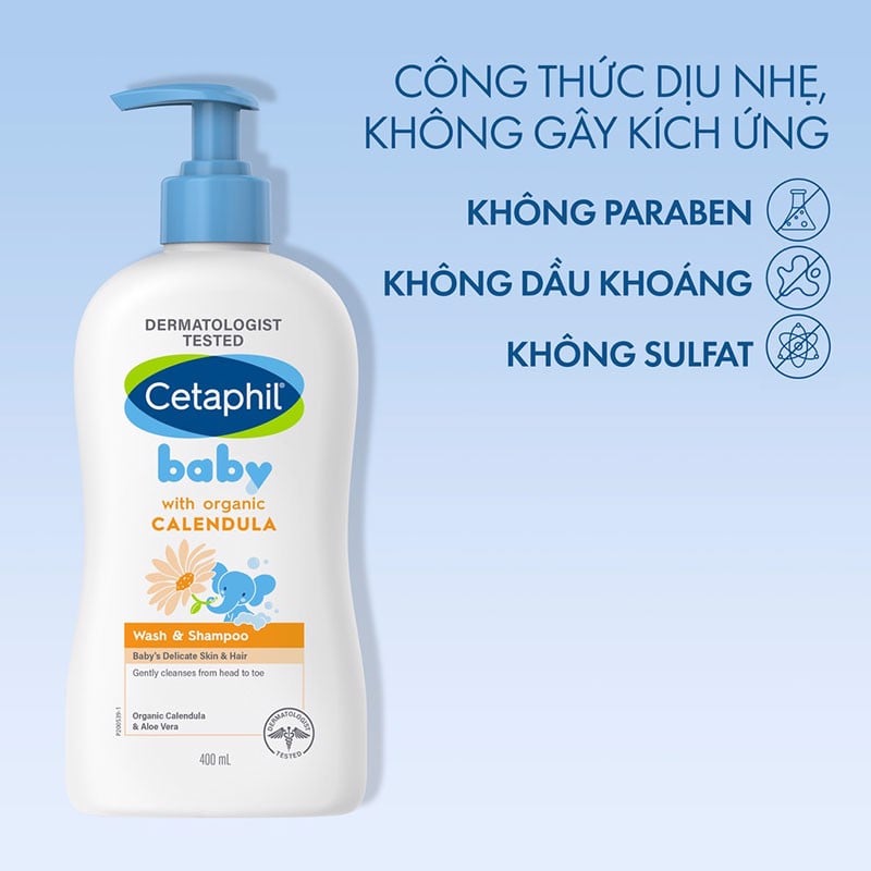 Sữa tắm gội cho bé Cetaphil Baby Wash & Shampoo with Organic Calendula 400mL dưỡng chất hoa cúc