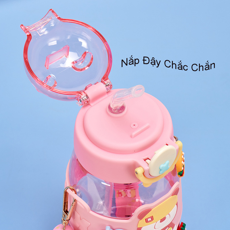 Bình nước kèm ống hút gấu Bear trong xịn xò kèm dây đeo kèm sticker 600ml