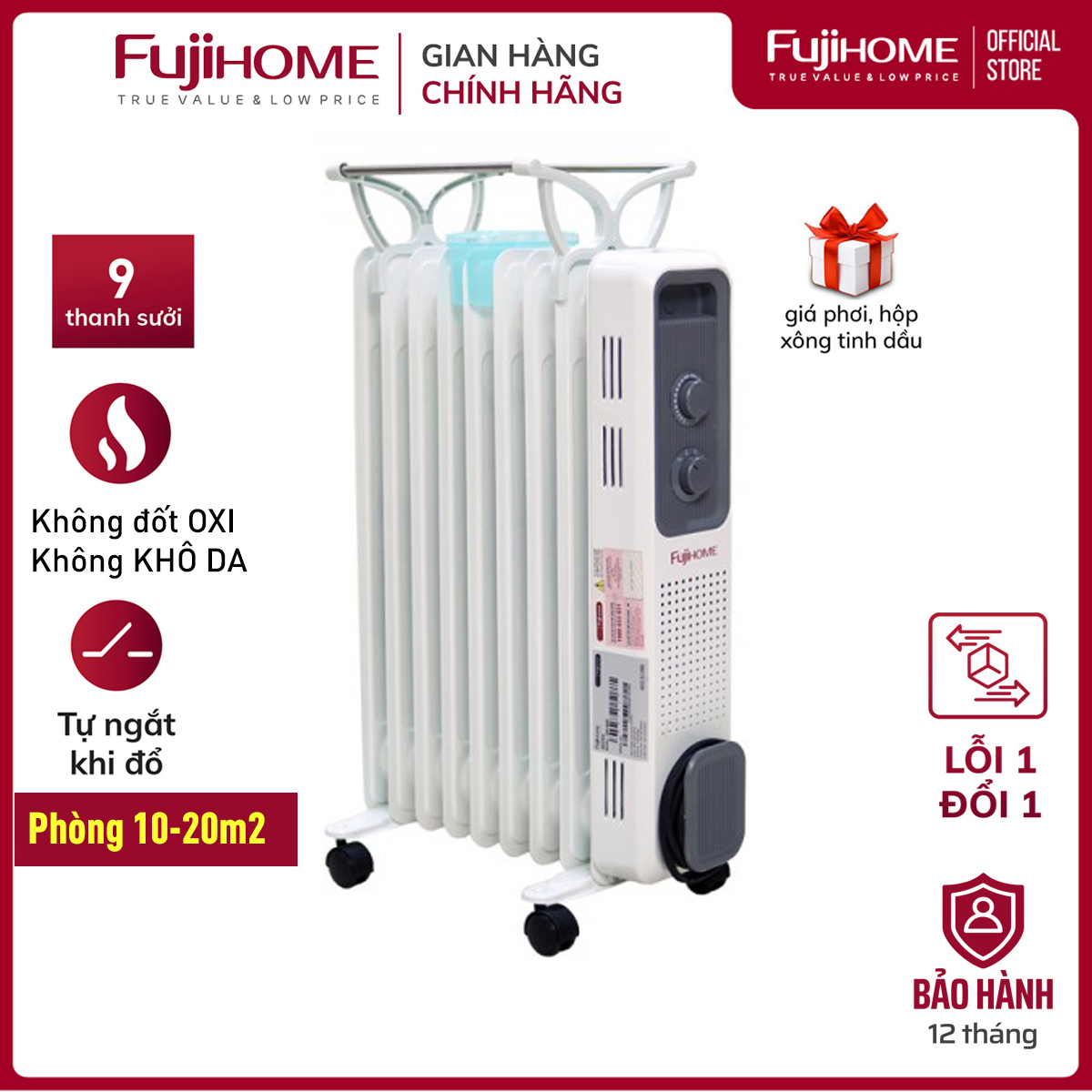 Máy sưởi dầu không khô da 9 thanh CN Nhật Bản FUJIHOME OH849, máy sưởi ấm điện không đốt oxi, tự động ngắt an toàn tiết kiệm điện - Hàng Chính hãng