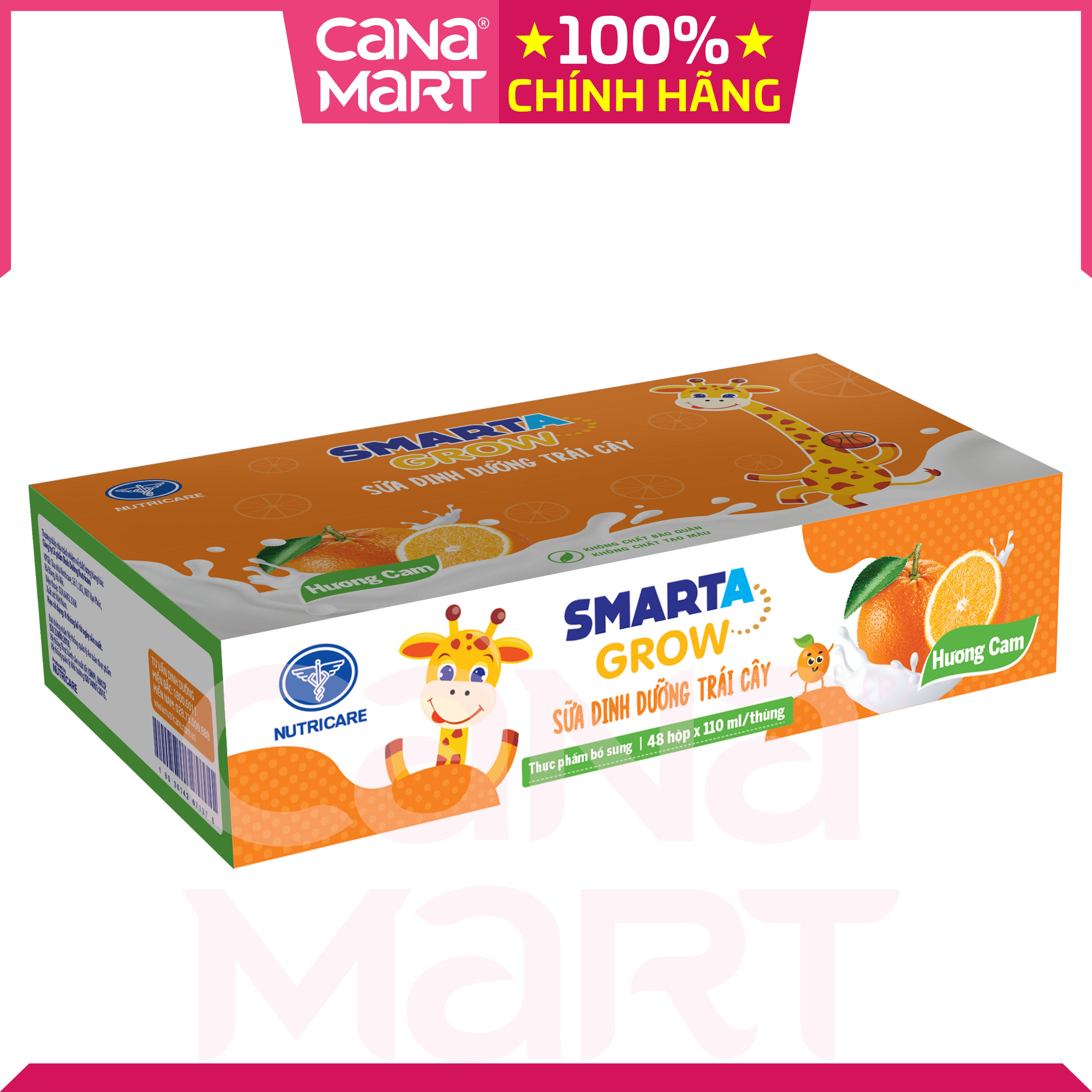 Thùng sữa nước trái cây Smarta Grow (vị cam) giúp trẻ tăng trưởng chiều cao, phát triển não bộ, dinh dưỡng cho trẻ thấp còi (48 hộp x 110ml)