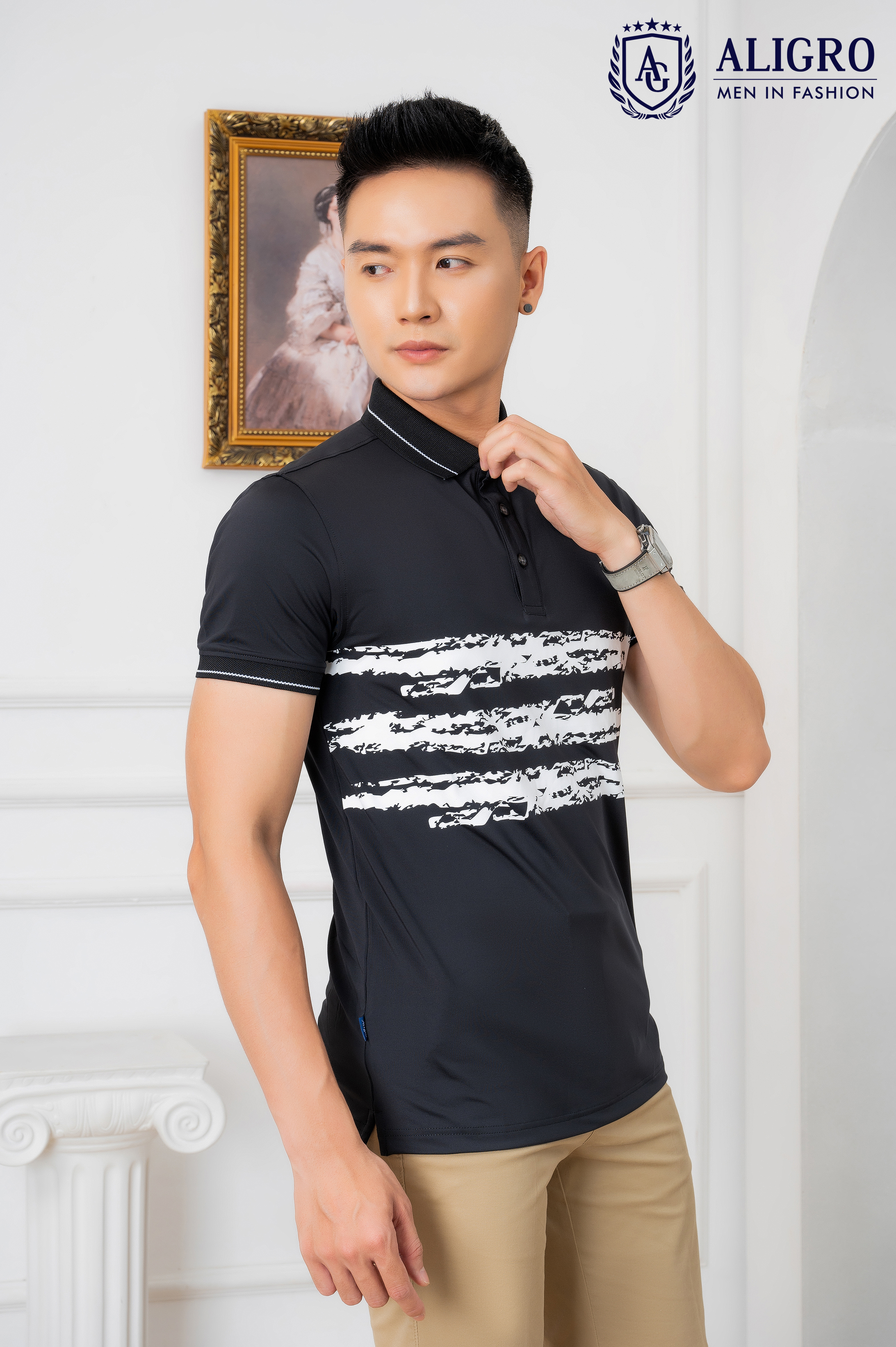 Áo Polo đen phối kẻ ngang Aligro ALGPLO73