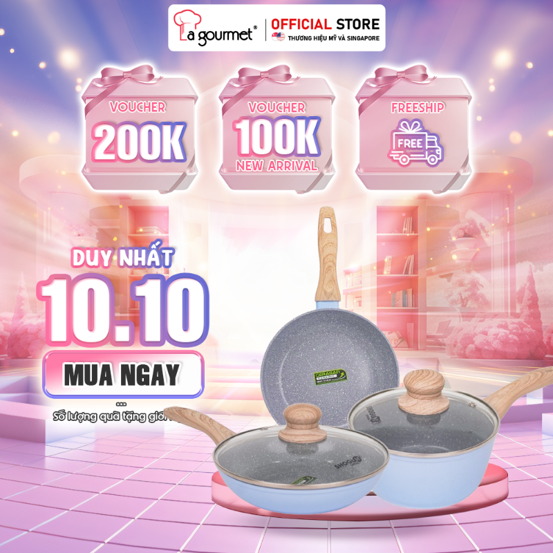 Bộ nồi chảo chống dính Ceramic đáy 6 lớp ăn dặm cho bé La gourmet Baby set màu xanh - sử dụng được tất cả loại bếp - 417886