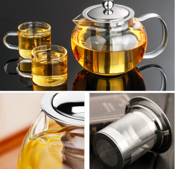 Ấm trà thủy tinh tròn trong suốt chịu nhiệt cao co lõi lọc inox - ANTH676