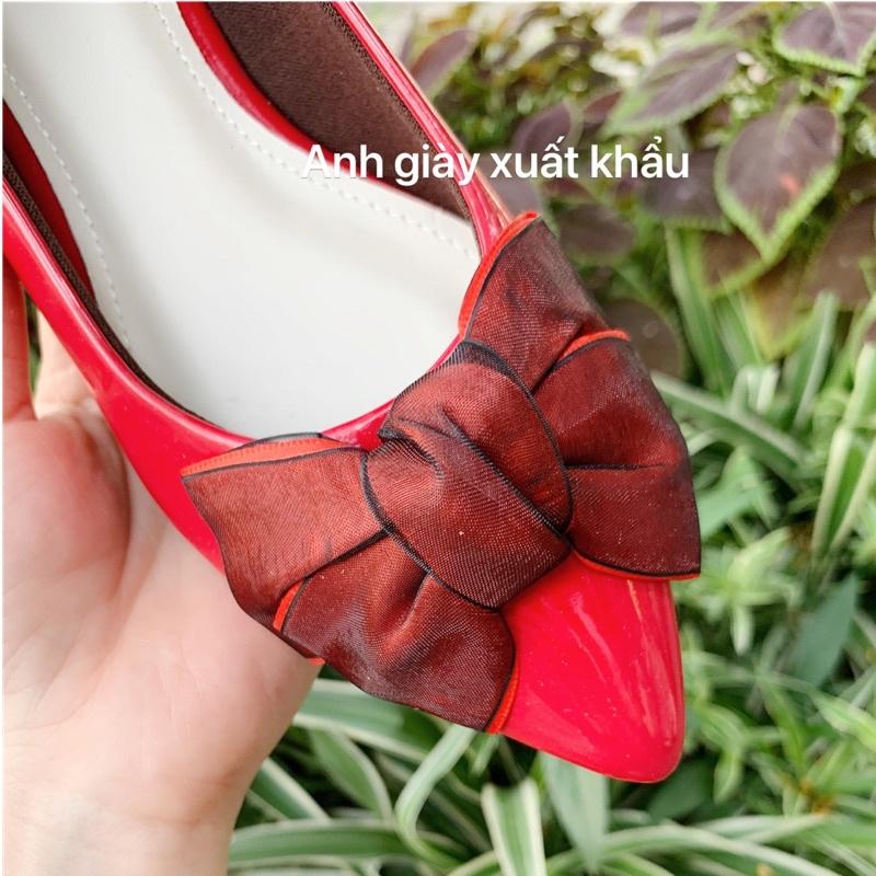 GB58 - Giày bệt nữ, giày búp bê mũi nhọn da bóng lót mũi mềm êm nơ voan lụa hàng VNXK