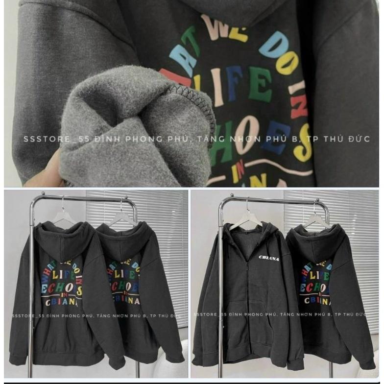 Áo khoác Hoodie nỉ trần bông có Zip Kéo Ulzzang form rộng unisex in hoạ tiết phối màu trẻ trung