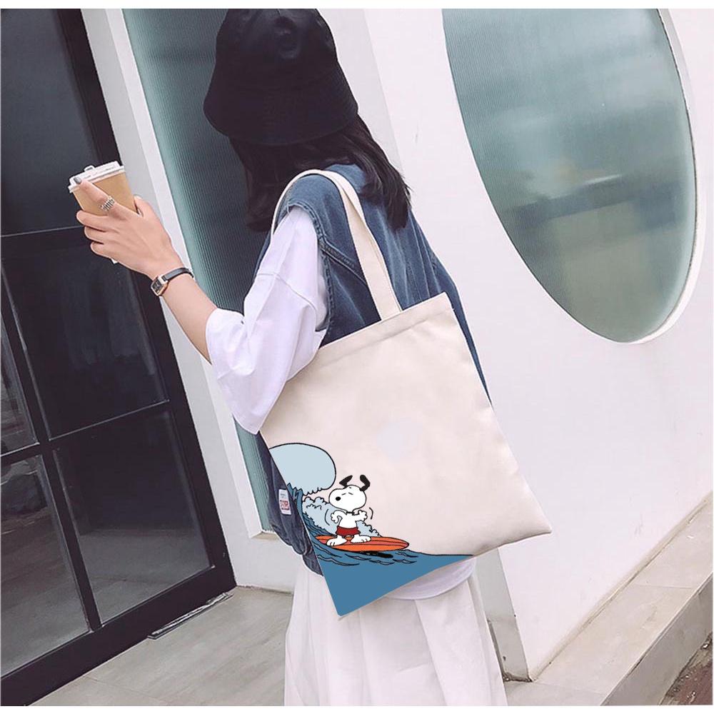 Túi tote vải mộc GINKO basic có dây kéo khóa miệng túi đựng vừa laptop 14 inch và nhiều đồ dùng khác in hình Snoopy and Friends M98