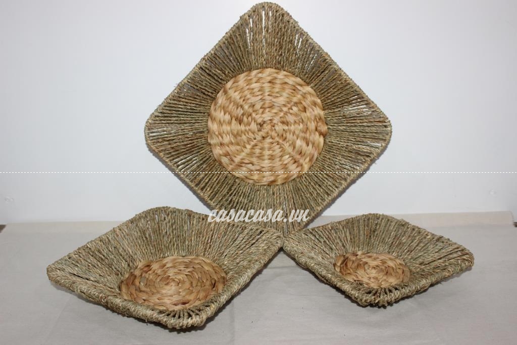 Bộ 3 khay hình tròn đan lục bình kết hợp cói, khay trang trí, đựng đồ - SD1206A/3NA