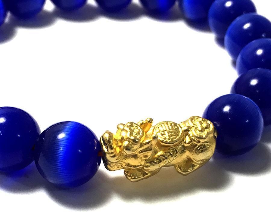 Vòng tay phong thủy đá mắt mèo màu xanh nước kèm cham tì hiu bạc mạ vàng 24k cao cấp cho người mệnh mộc - mệnh thủy - VPT28A- Bạc QTJ