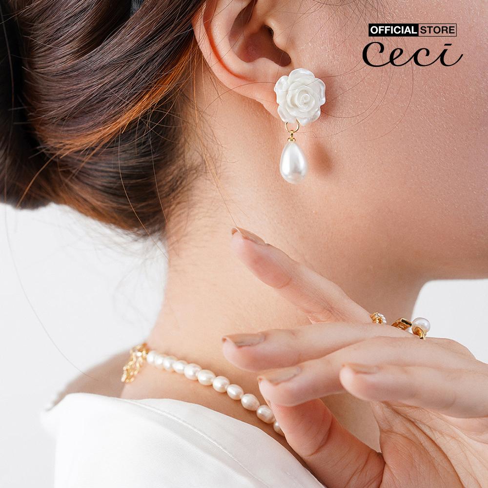 CECI - Khuyên tai nữ dáng thả thiết kế hoa hồng thanh lịch CC1-09000087-03